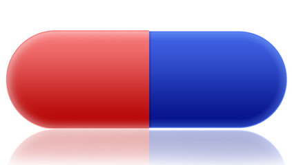 Red and blue pill with reflection