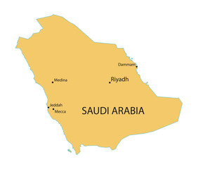 yellow map of Saudi Arabia with indication of largest cities