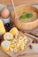 Corn soup of condensed in a wooden bowl