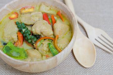 Green curry fish balls is Thai cuisine.