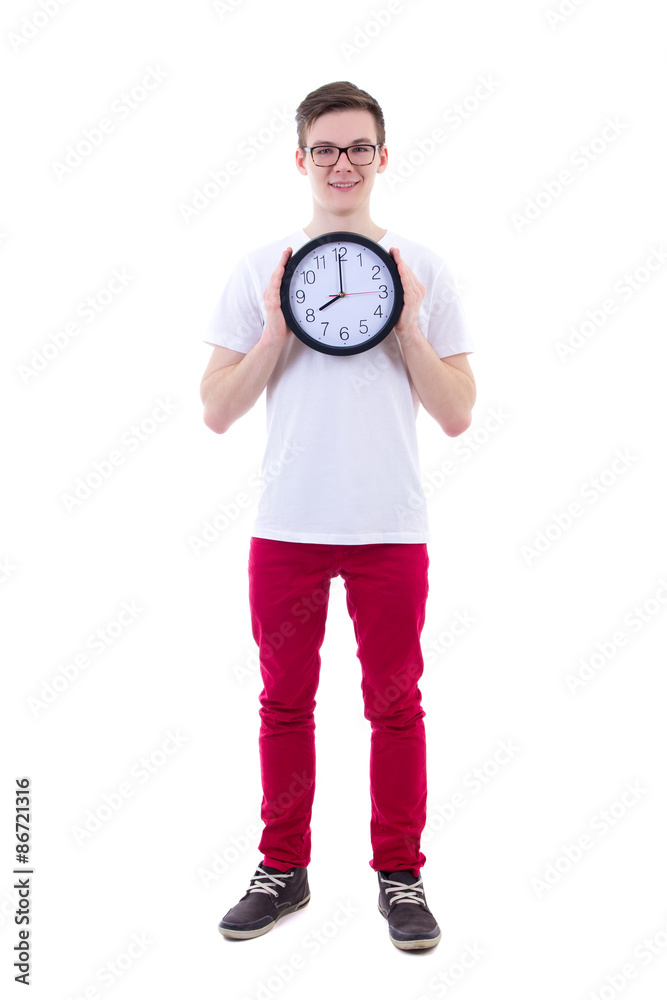 Wall mural full length portrait of handsome teenage boy holding office cloc