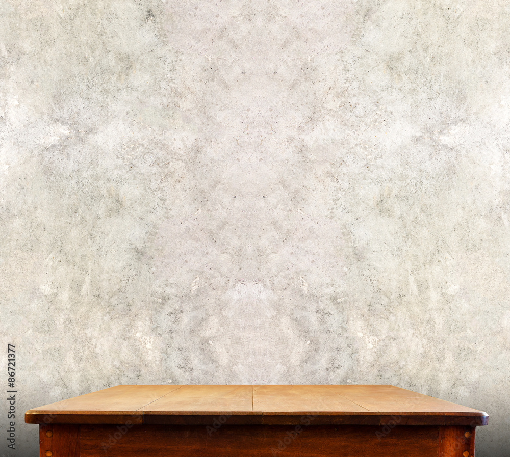Poster wooden tabletop at concrete wall,template mock up for display of