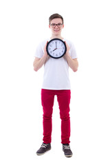 full length portrait of handsome teenage boy holding office cloc
