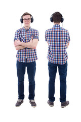 front and back view of handsome teenage boy with headphones isol