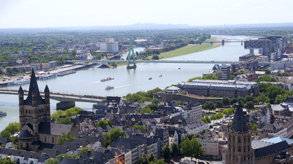 High angle view of Cologne, Crane Houses and Rhine river on a clear summer day