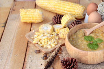 Corn soup of condensed in a wooden bowl