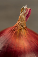 fresh red onions on wooden background, macro