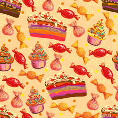 Seamless vector pattern with cake, candy. Perfect for wallpapers, pattern fills, web page backgrounds, surface textures, textile