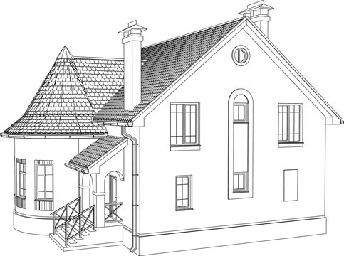 Wireframe perspective of house - 3D render of a building. Vector illustration.