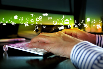 Hands typing keyboard with application, , technology concept