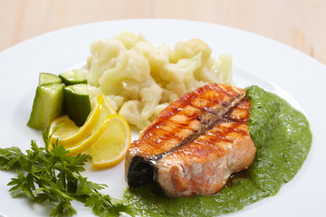 salmon steak with cauliflower