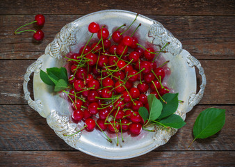 cherries in a metal plate