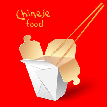 Set of Chinese take away food container take-out box and Chop Sticks