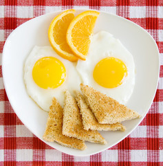 Fototapeta premium Breakfast Eggs Sunny Side Up – A breakfast plate with two sunny side up eggs, toast, and orange slices.