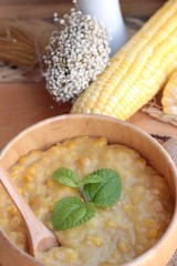 Corn soup of condensed in a wooden bowl