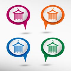 Sale barcode clothes hanger on colorful chat speech bubbles