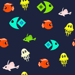 Seamless pattern of colorful fishes and jellyfish. 
