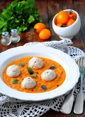 pumpkin soup with vegetables and turkey meatballs