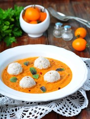 pumpkin soup with vegetables and turkey meatballs