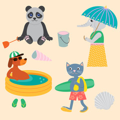 Panda, Dog, Cat and Elephant on the beach.