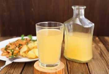 Kvass - cold Russian beverage of rye bread - in glass and bottle