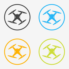 Quadrocopter, drone round icons in different colors