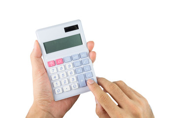 Closeup Of asian Male hand holding with calculator - obrazy, fototapety, plakaty