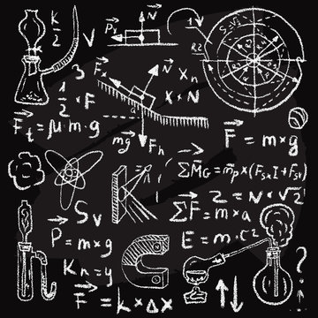 Physical formulas and phenomenons on chalkboard. Vintage hand drawn illustration