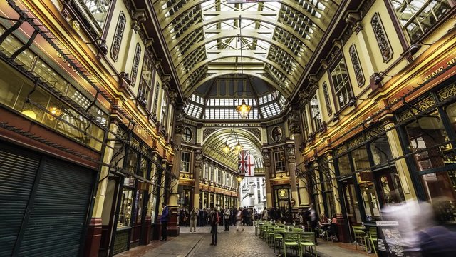 Time lapse view of Leadenhall Market in the financial district of the City of London.  A covered market dating from the 14th century with cobbled floor built in Victorian time