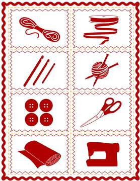 Sewing, knit, crochet, quilt, scissors, ribbon, DIY craft icons, red rick rack frame 