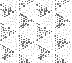 Vector seamless pattern of triangles consisting of bananas and polygons. Chaotic gray shapes in triangles.