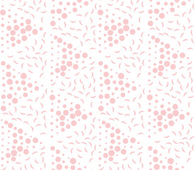 Vector seamless pattern of triangles consisting of bananas and polygons. Chaotic pink shapes in triangles.