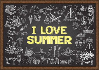 Doodles about activities to do in summer on chalkboard.