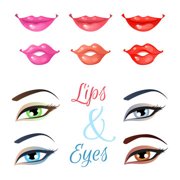 Vector set of lips and eyes.