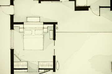 Black and white watercolor illustrative material, showing condo apartment flat partial floor plan, suitable for real estate property development and management within modern artistic inspiring trends