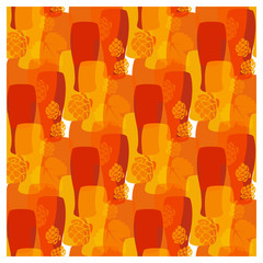 Vector pattern with beer glasses, hops different warm colors of