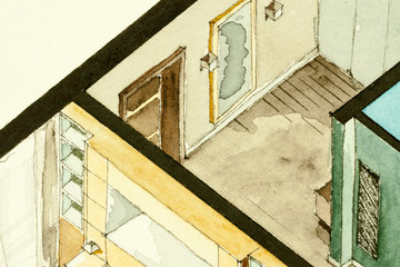 Isometric partial architectural watercolor drawing of apartment floor plan, symbolizing old-school artistic old fashioned design approach to real estate property management and contracting business