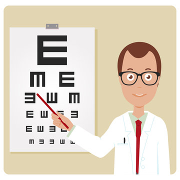 Ophthalmologist Using The Eye Chart. Vector Illustration