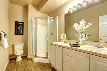Fototapeta na wymiar Voguish bathroom with white walls and glass shower.