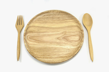 Wooden plate and pair spoon fork isolated on white background