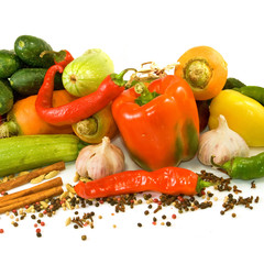  many raw vegetables on a white background