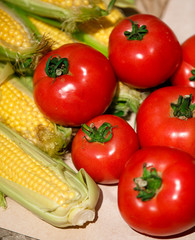 Organic vegetables corn and tomato