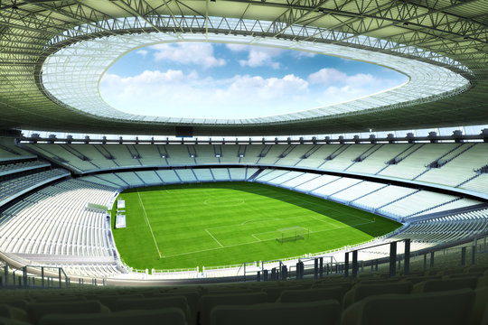 Empty Soccer stadium with open ceiling. Photo realistic 3d illustration.