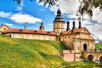 Colorful view on the main entrance to Niasvizh castle in Belarus