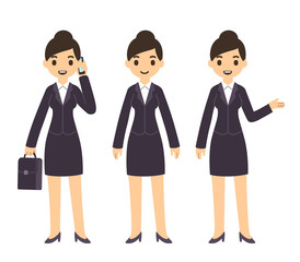 Fototapeta premium Young pretty businesswoman in cartoon style in business suit. Three poses: talking on the phone with suitcase, standing, and pointing gesture.