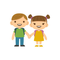 Two cute cartoon children with school backpacks smiling and holding hands. Older boy and smaller girl in dress with pigtails.