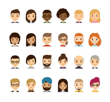 Set of diverse avatars. Different nationalities, clothes and hair styles. Cute and simple flat cartoon style.