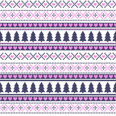 Seamless Christmas pattern, card - Scandinavian sweater style. Pink, blue and white vector background with snowflakes, xmas trees, hearts and decorations.