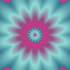 Neon explosion.  Digital abstract image with a psychedelic flower design in neon blue, green, and pink.