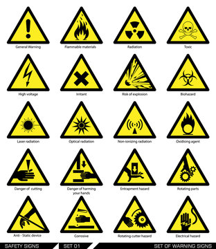 Set of safety signs. Caution signs. Collection of warning signs. Vector illustration. Signs of danger. Signs of alerts.
